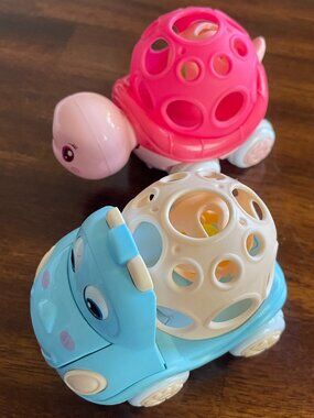 Set of 2 Nuby Play Pals Pink Turtle & Blue Car Rattle Toys Infants!